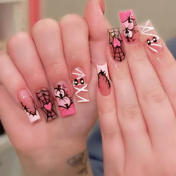 Sweet Cool Halloween Nails Pink Medium Coffin French