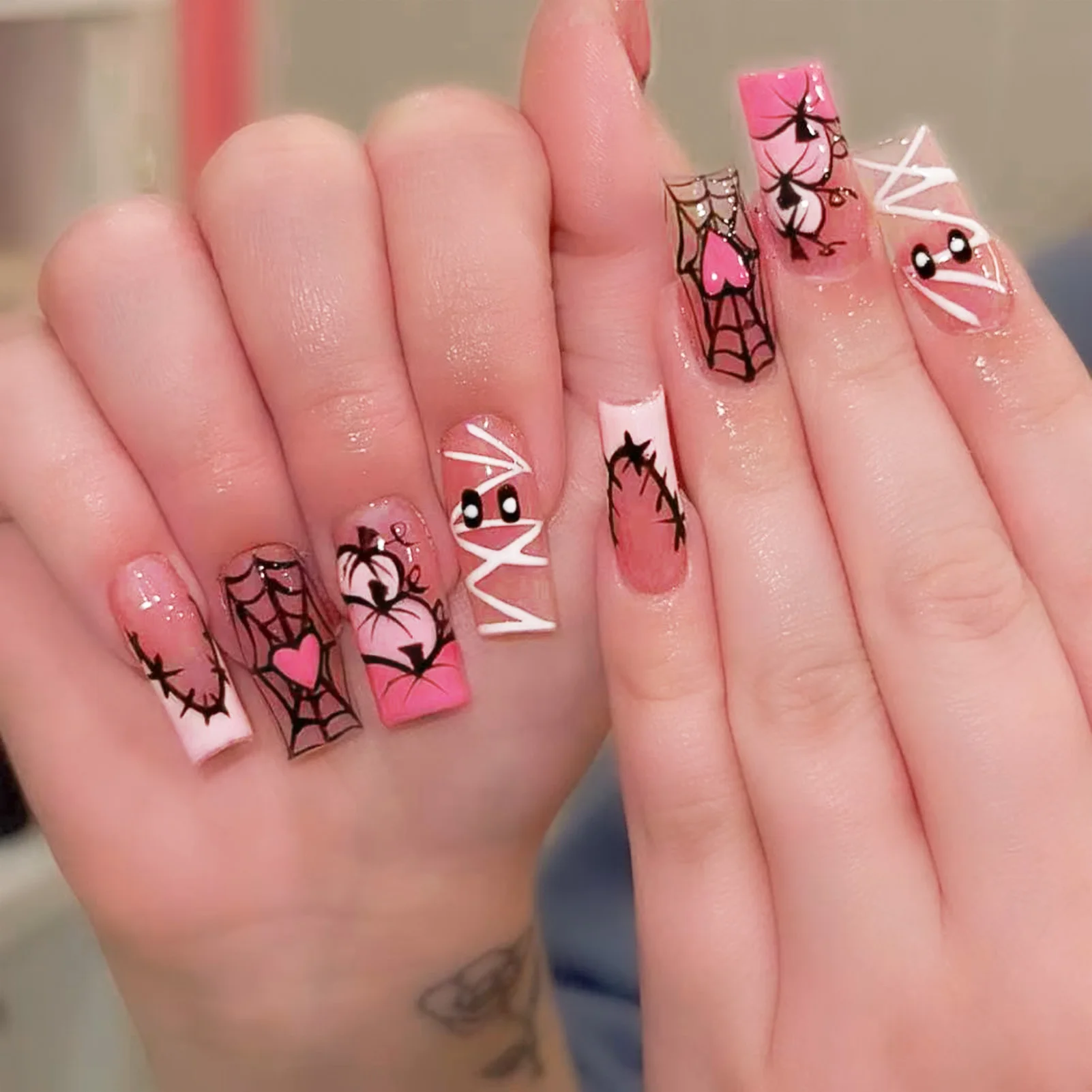 Sweet Cool Halloween Nails Pink Medium Coffin French - Image 1