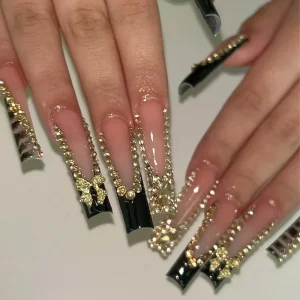 Black French Nails Diamonds Bow Design - Image 1