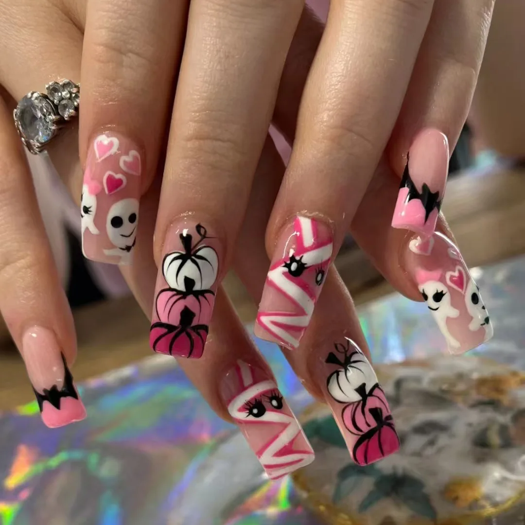Sweet Cool Halloween Nails Pink Medium Coffin French - Image 10