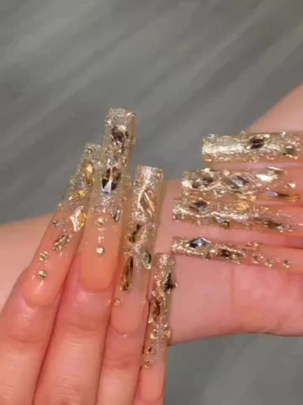 Handmade Champagne Golden Rhinestone Extra-Long Press-On Nails - Image 10