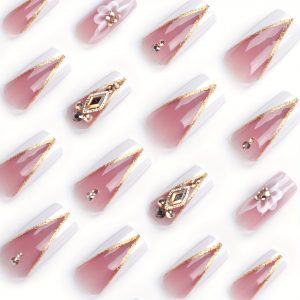 Coffin White French Rhinestone Nails Golden Glitter - Image 2
