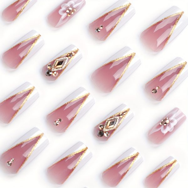 Coffin White French Rhinestone Nails Golden Glitter - Image 2