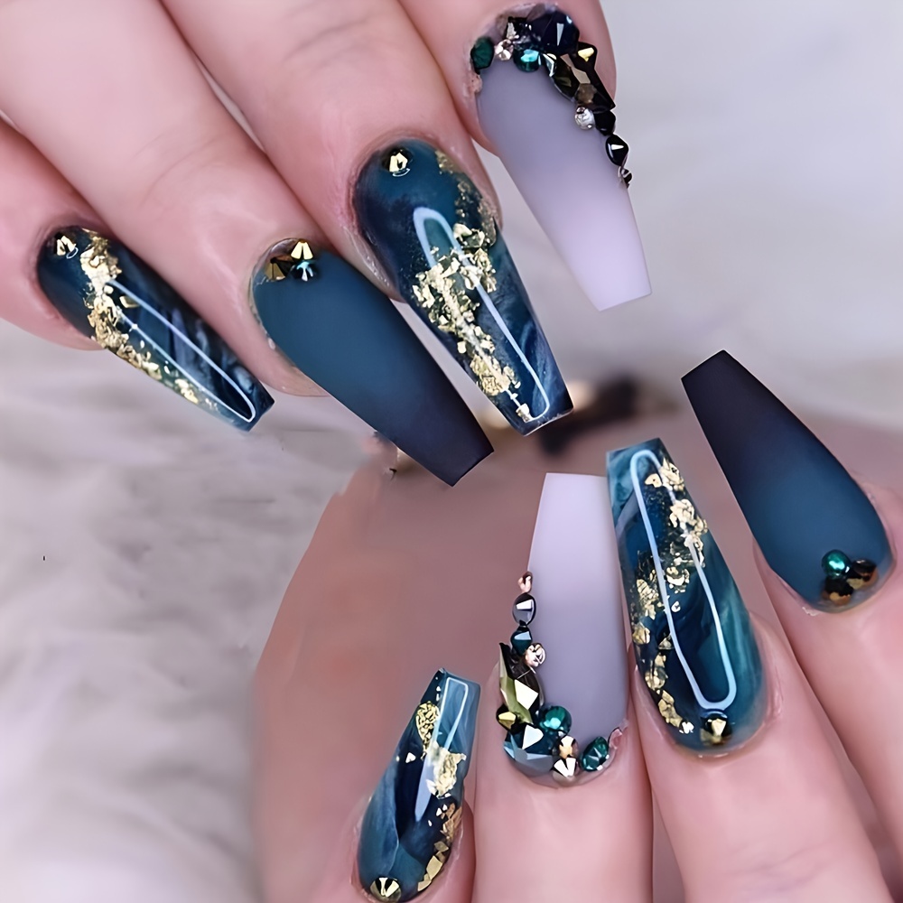 Long Marbled Rhinestone Coffin Dark Green Press-On Nails - Image 1