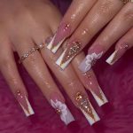 Coffin White French Rhinestone Nails Golden Glitter