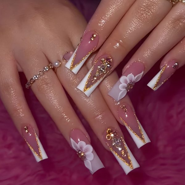 Coffin White French Rhinestone Nails Golden Glitter