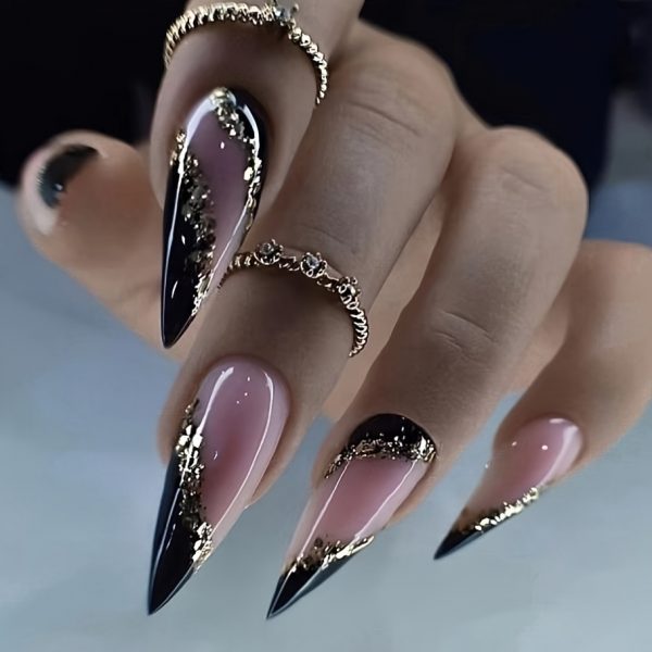 Monina French Gothic Black & Golden Almond-Shaped Press-On Nails