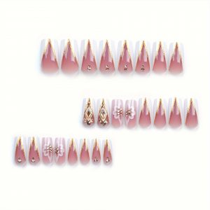 Coffin White French Rhinestone Nails Golden Glitter - Image 3