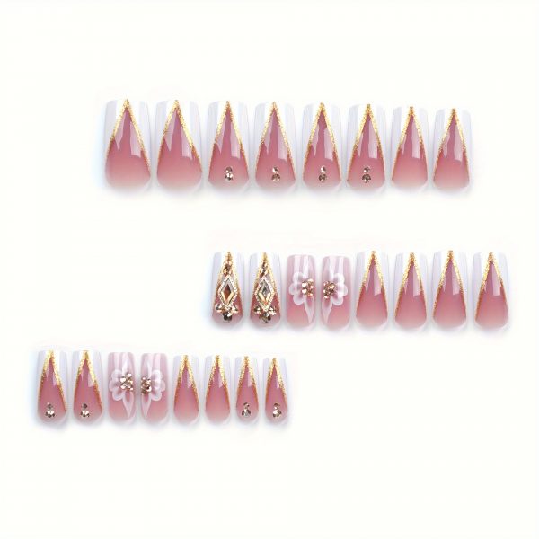 Coffin White French Rhinestone Nails Golden Glitter - Image 3