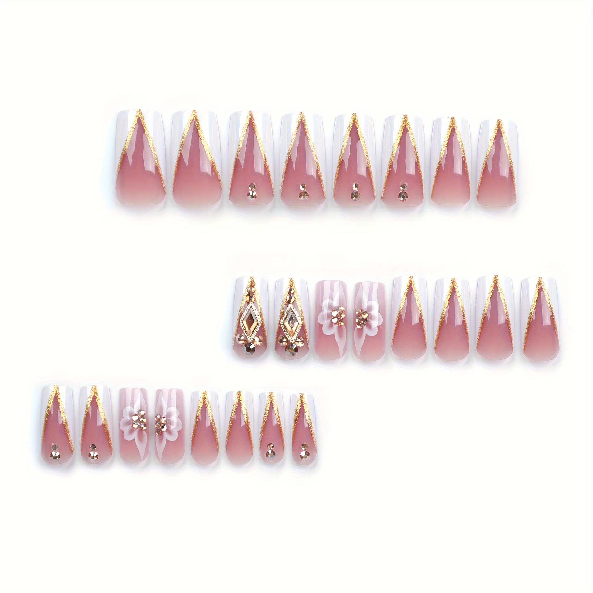 Coffin White French Rhinestone Nails Golden Glitter - Image 3
