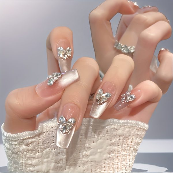 Glam Rhinestone Heart & Bow Press-On Nails