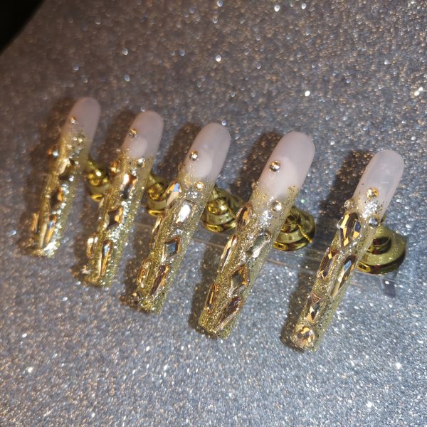 Handmade Champagne Golden Rhinestone Extra-Long Press-On Nails - Image 8
