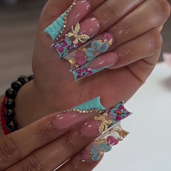 Long Square Nails Golden Butterfly & Blue Floral Accents