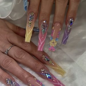 10pcs Set Fluorescent Color Series Nail Art, Pink, Yellow, Purple, Blue, 3D Carved Full Diamond Sparkling Nail Art