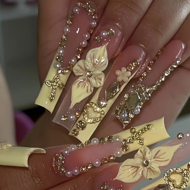 Yellow 3D Nail Luxury Carved Patterns, Sticky Diamonds, Sparkling - Image 2