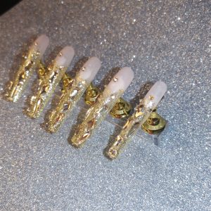Handmade Champagne Golden Rhinestone Extra-Long Press-On Nails - Image 7