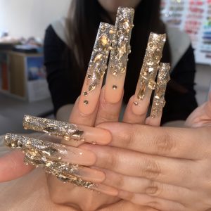 Handmade Champagne Golden Rhinestone Extra-Long Press-On Nails - Image 6
