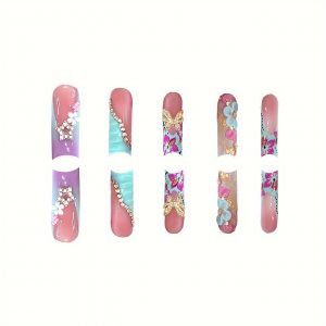 Long Square Nails Golden Butterfly & Blue Floral Accents - Image 7