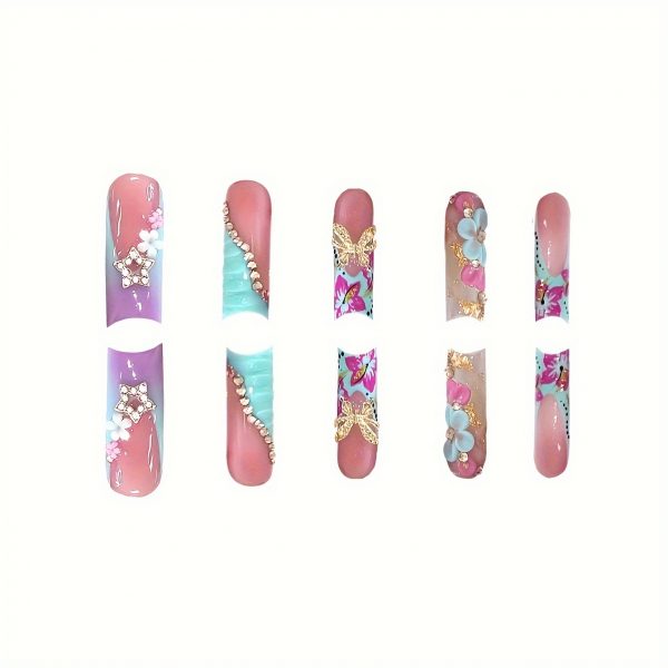 Long Square Nails Golden Butterfly & Blue Floral Accents - Image 7