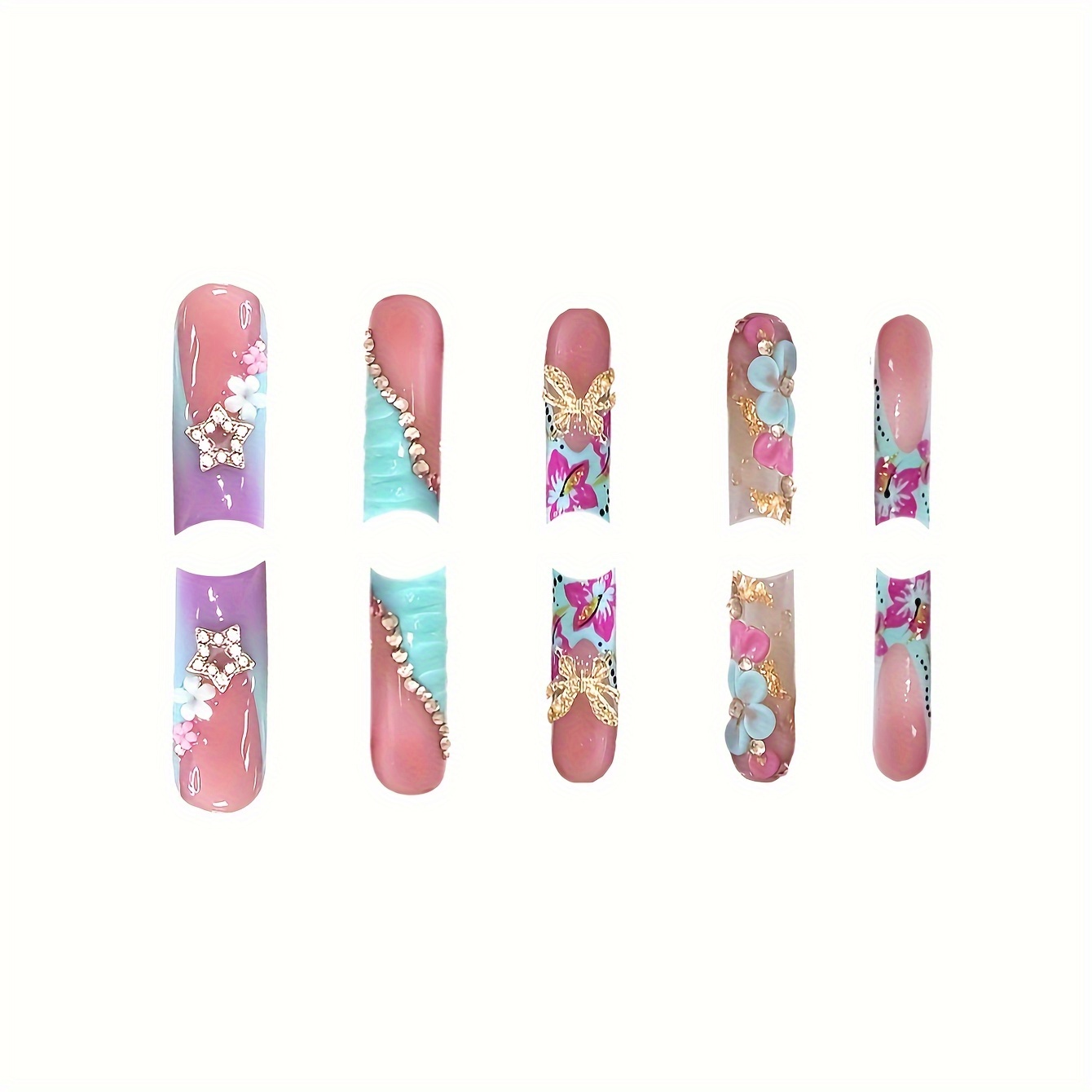 Long Square Nails Golden Butterfly & Blue Floral Accents - Image 7