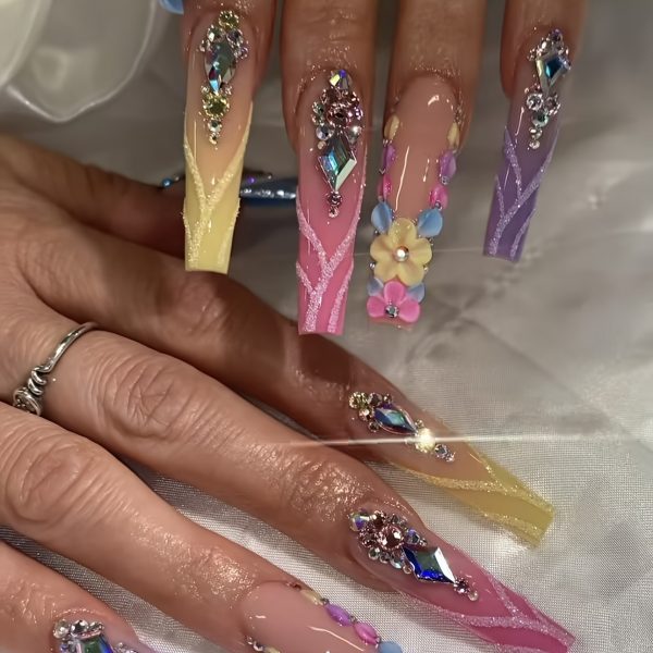 10pcs Set Fluorescent Color Series Nail Art, Pink, Yellow, Purple, Blue, 3D Carved Full Diamond Sparkling Nail Art - Image 3