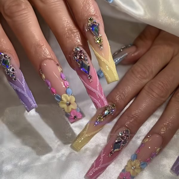 10pcs Set Fluorescent Color Series Nail Art, Pink, Yellow, Purple, Blue, 3D Carved Full Diamond Sparkling Nail Art - Image 2