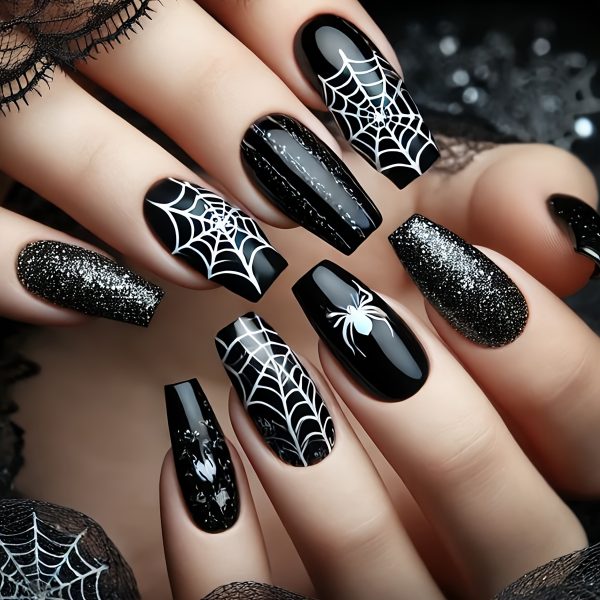 Halloween Ballet Black Spider Web Glitter Press-On Nails
