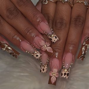 Long Square Shape, Finish 3D Flowers & Glitter, Leopard - Image 1