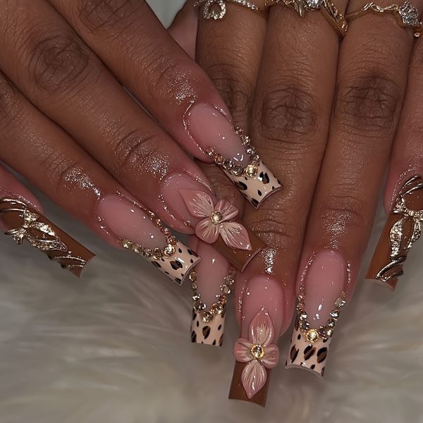 Long Square Shape, Finish 3D Flowers & Glitter, Leopard