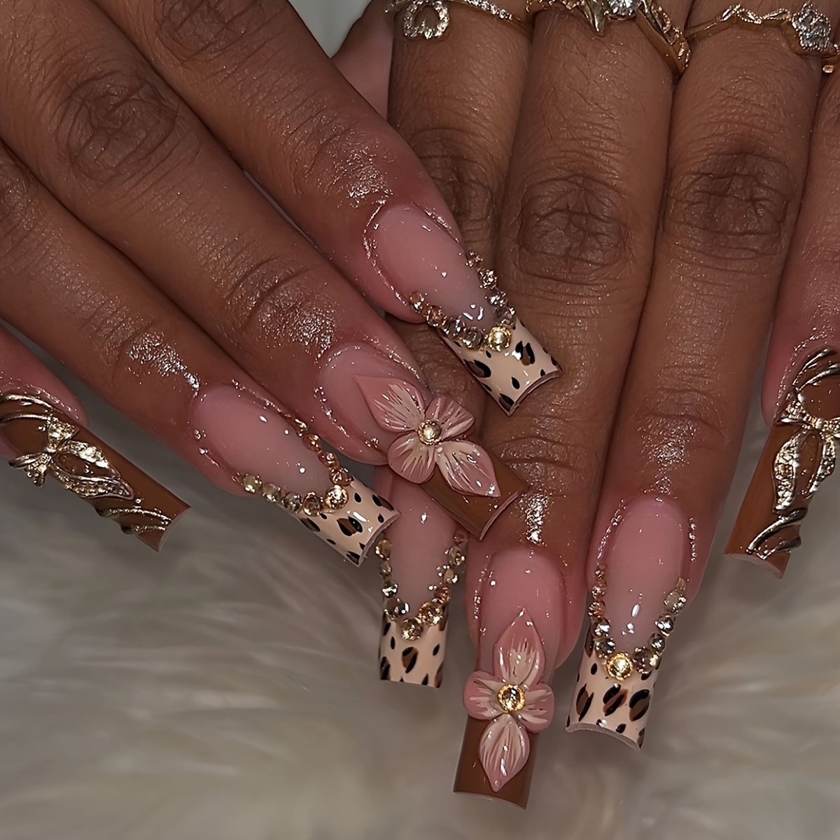Long Square Shape, Finish 3D Flowers & Glitter, Leopard - Image 1