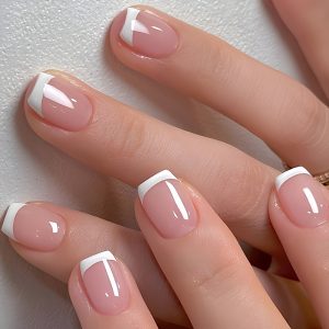 Short Coffin Press-On Nails Pink And White French Style - Image 4