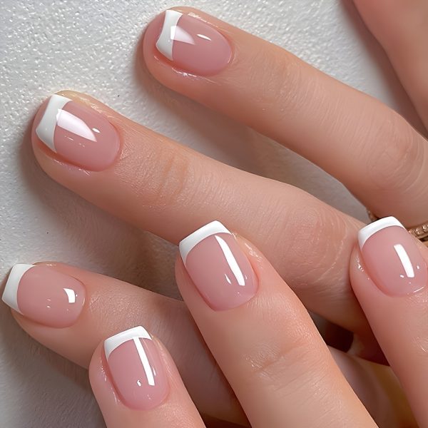 Short Coffin Press-On Nails Pink And White French Style - Image 4