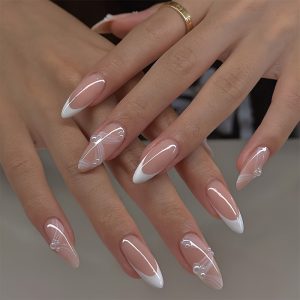24pcs Medium Almond White French Tips & 3D Press-On Nails - Image 2