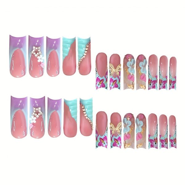 Long Square Nails Golden Butterfly & Blue Floral Accents - Image 5