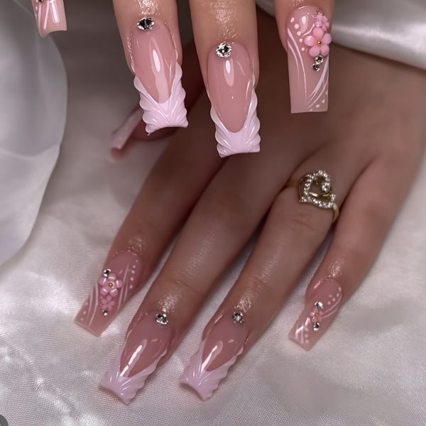 10pcs Nail Tips Square Nude Color, Medium Length, French - Image 3
