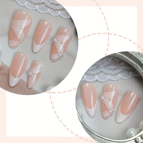 24pcs Medium Almond White French Tips & 3D Press-On Nails - Image 3