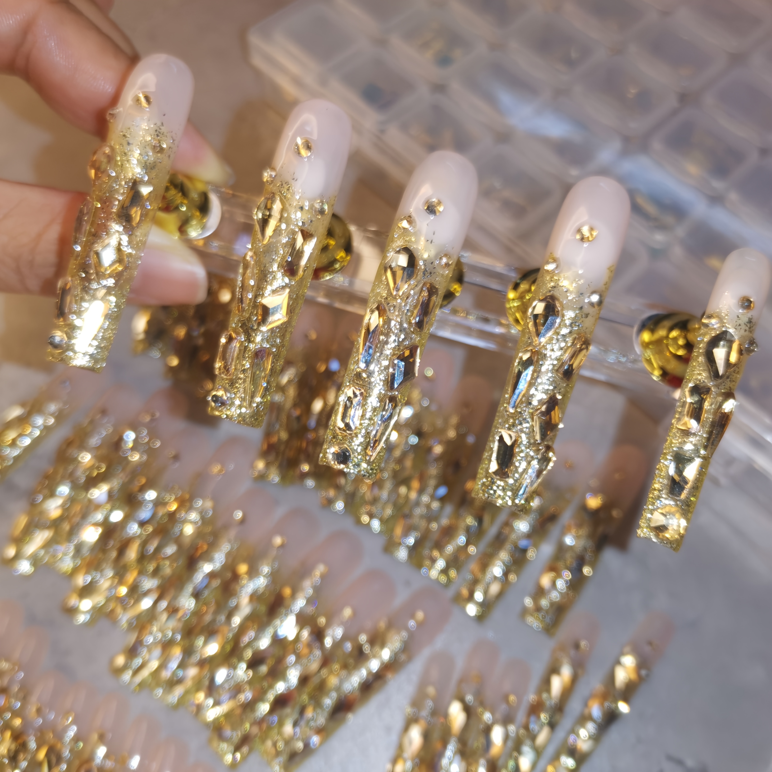 Handmade Champagne Golden Rhinestone Extra-Long Press-On Nails - Image 2