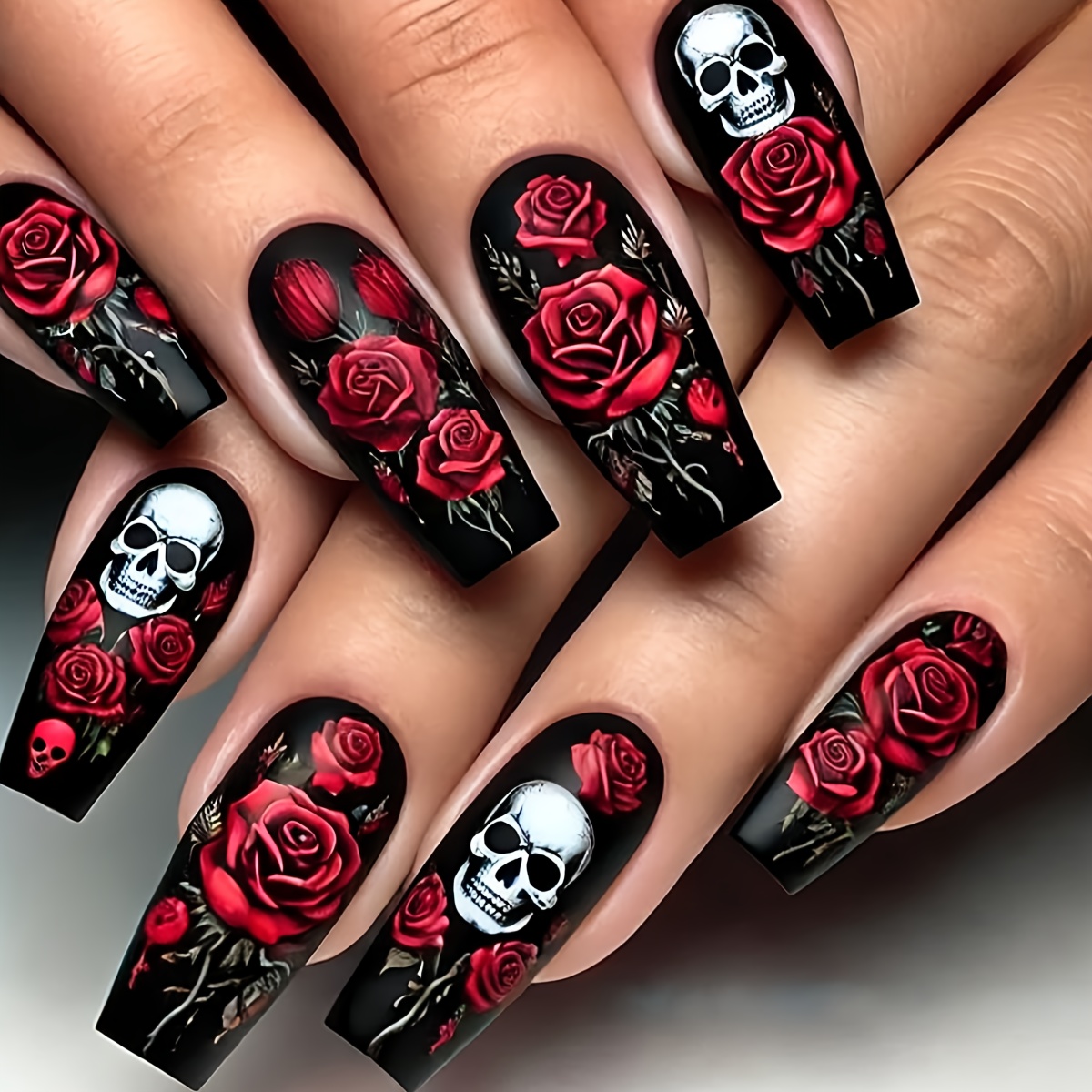 Halloween medium-length square matte dark rose skull - Image 1