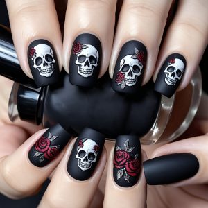 Halloween nails Black matte rose skull - Image 1