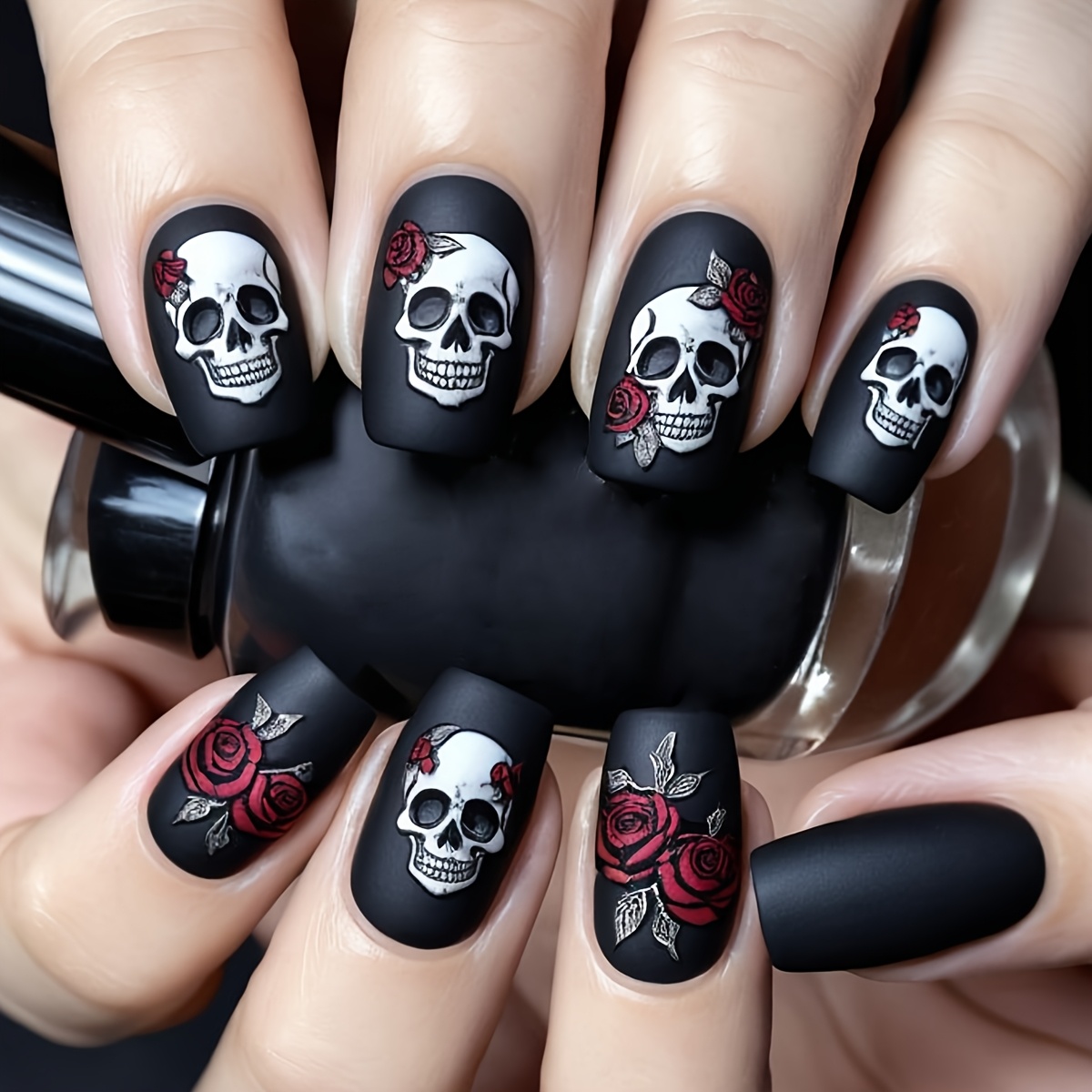 Halloween nails Black matte rose skull - Image 1