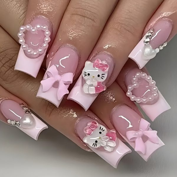 Hello Kitty Heart Bow French 3D Nails
