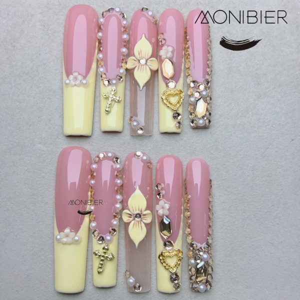 Yellow 3D Nail Luxury Carved Patterns, Sticky Diamonds, Sparkling - Image 6