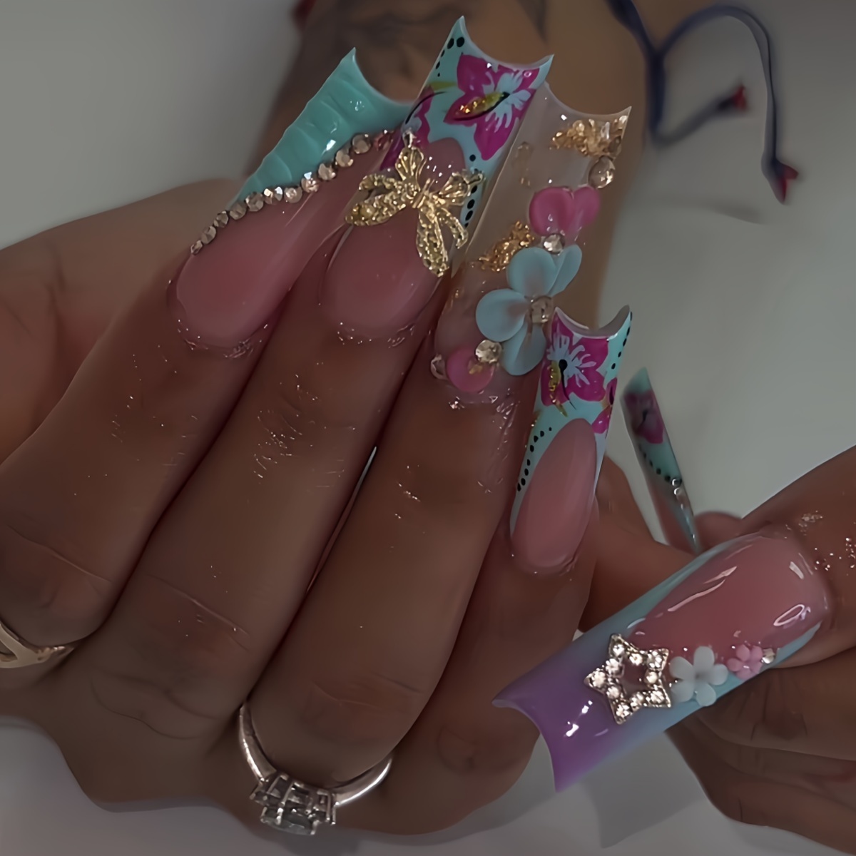 Long Square Nails Golden Butterfly & Blue Floral Accents - Image 2