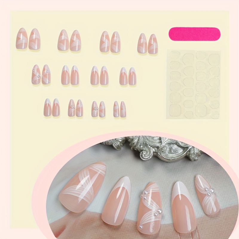 24pcs Medium Almond White French Tips & 3D Press-On Nails - Image 4