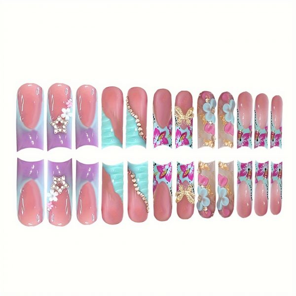 Long Square Nails Golden Butterfly & Blue Floral Accents - Image 6