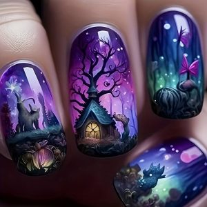 Halloween Press-On Nails Spooky Tree House, Bats, - Image 1