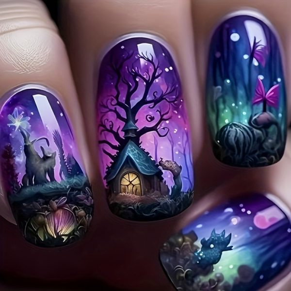 Halloween Press-On Nails Spooky Tree House, Bats,