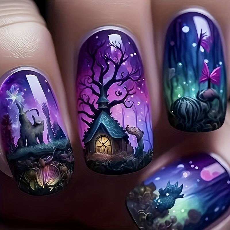 Halloween Press-On Nails Spooky Tree House, Bats, - Image 1