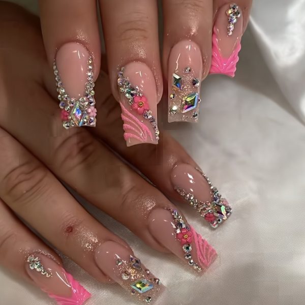 French Sparkling Flower Nail Art