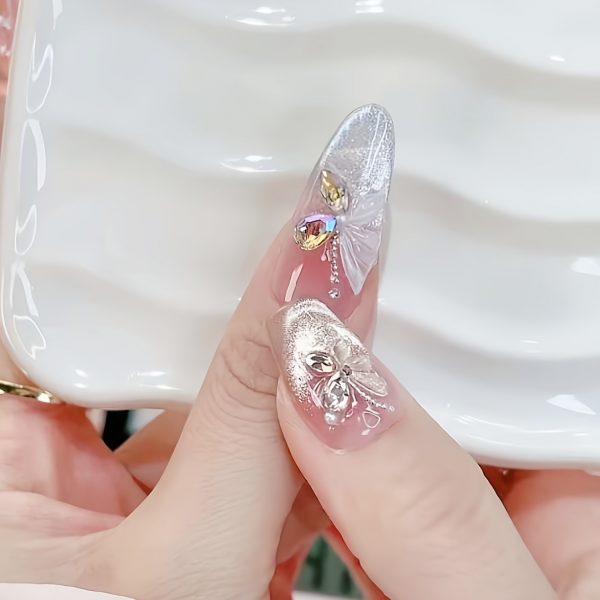 Long Oval Shape 3D Butterfly & Cat Eye Designs, Pearl Accents - Image 7